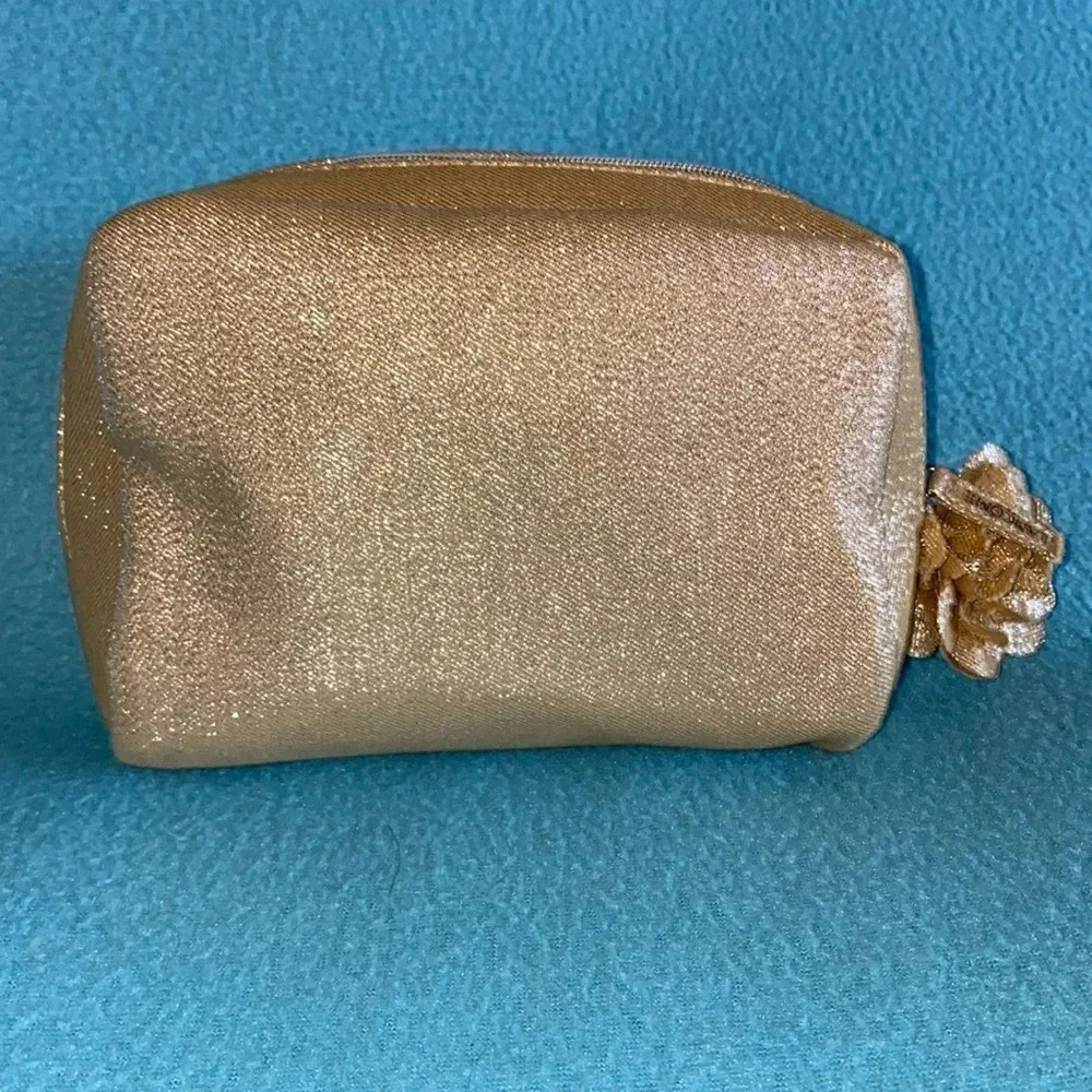LANCÔME metallic gold makeup bag gold flower zipper pull tiny flaws NEW